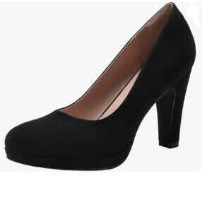 miss left Black Low Platform Chunky High Heel Slip On Closed Round Toe Pump